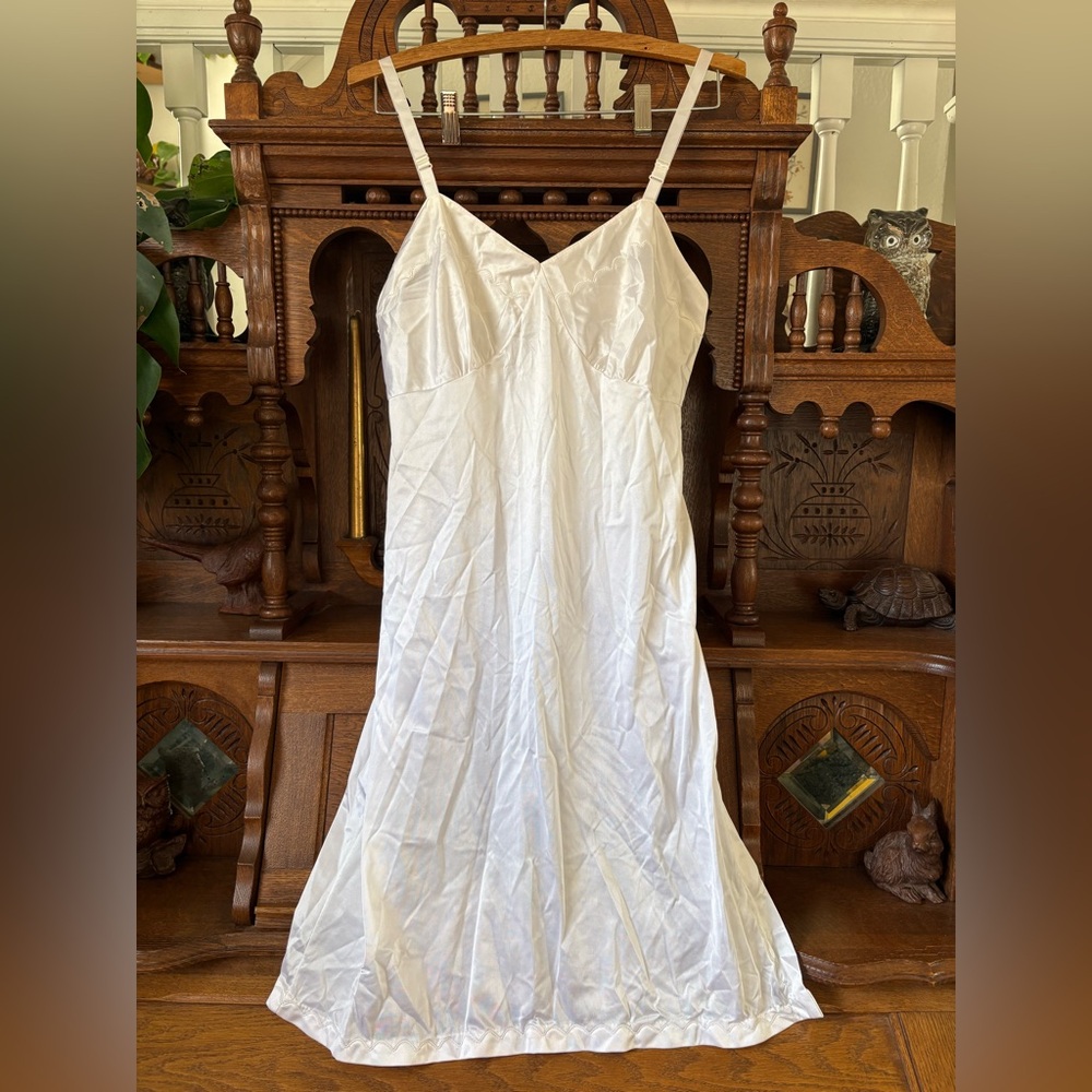 Vintage Retro Pinup Coquette Cottage White Satin Slip Lingerie Nightgown L